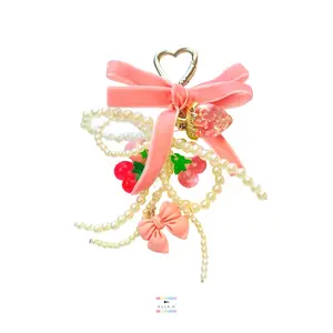 Faux Pearl Velvet Coquette Bow Bag Charm / Light Pink Velvet Bow Faux Pearl Purse Charm  / Bag Charm Fashion Accessory