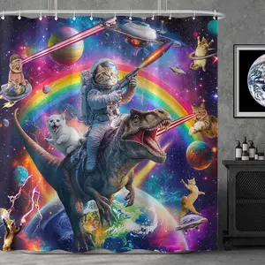 Funny Cat Dinosaur Shower Curtain Fun Cool Colorful Space Cats Shower Curtains for Bathroom Fantasy Galaxy Universe Anime Kids Waterproof Fabric Bath Curtain Decor 60 X 72 Inches
