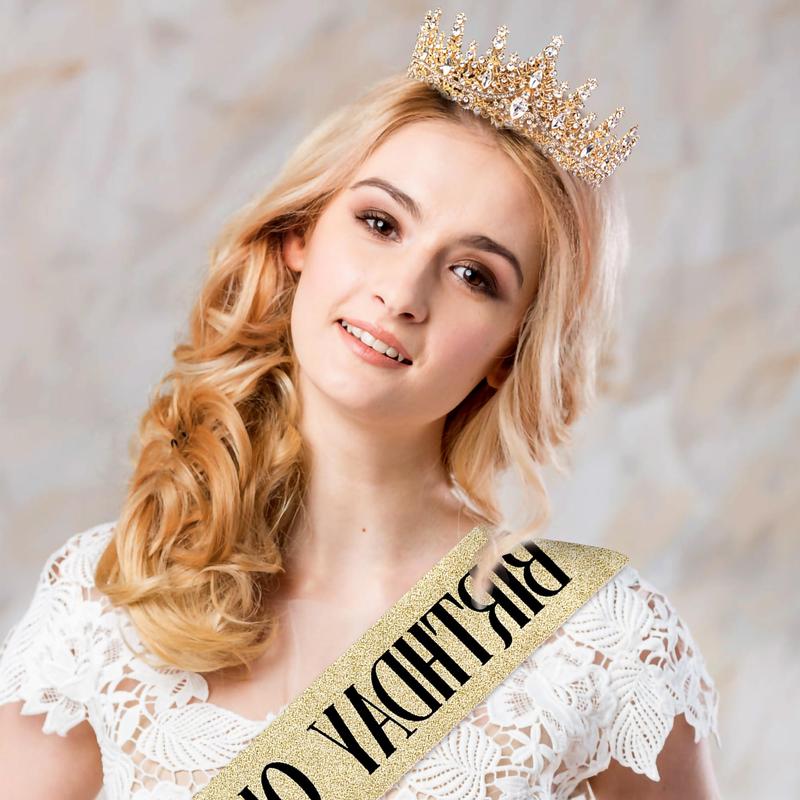 Set of 2 Queen Crystal Birthday Crowns Soft Shiny Sashes Birthday Decoration Set Women's Birthday Sashes and Headpieces, Party Decoration Supplies Set
