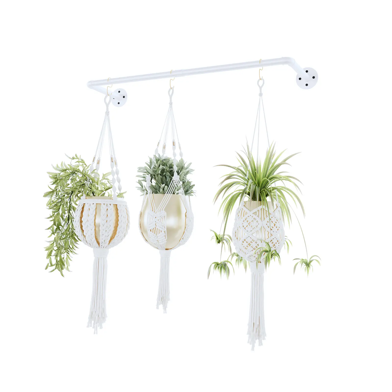 Bamworld Decorative Macrame Floating Plant Hanger with 36.2in White Metal Rod Holder, Space-Saver Wall/Ceiling Hanging Basket for Indoor Plants, Easy Installation with All Hardware Included (Threaded Joints, Pot Chains Not Included)