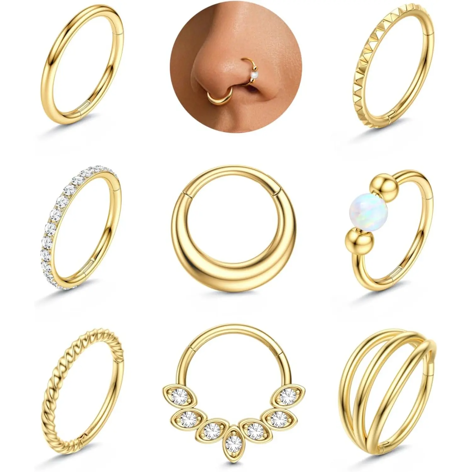 MILACOLATO 8Pcs Geometric Body Jewelry Set - 316L Surgical Steel 14 Karat Plated Gold/Silver 16G/18G Click Closure Septum Nose Rings Hoops with CZ/Opal, 8mm/10mm Cartilage Earrings for Women's Nose Piercing Everyday Wear