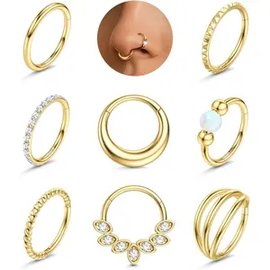 MILACOLATO 8Pcs Geometric Body Jewelry Set - 316L Surgical Steel 14 karat Plated Gold/Silver Septum Nose Rings Hoops with CZ/Opal, 16G/18G Click Closure Nose Piercing Jewelry for Women, 8mm/10mm Cartilage Earring for Everyday Wear summerwins