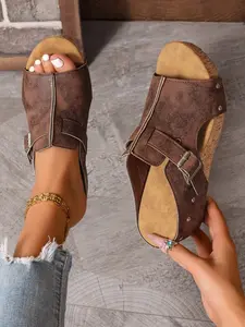 Women's Wide Sole Wedge Sandals, PU Upper Material, Outdoor Casual Fashion Summer Pool Party Shoes, Comfortable Waterproof Thick Bottom Sneakers, Fashionable Slide Sandals