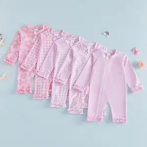 Infant Baby Girl Summer Swimsuit Flower Print Long Sleeve Rash Guard Bathing Suit for Pool Beach 0-18 Months
