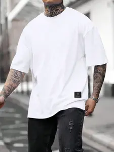 High-Quality American Trend Heavy Cotton Print Unisex Fashion Streetwear Loose Round Neck Short Sleeve Casual Top, Geometric Pattern, Long Fitted Style