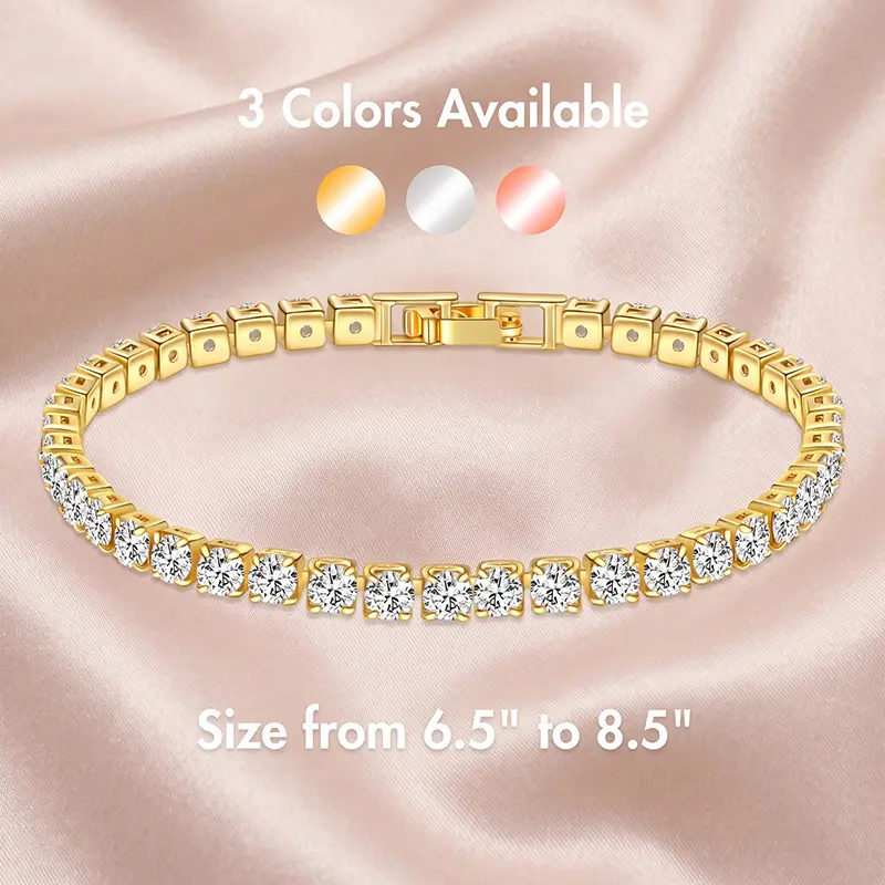 AAAAA CZ Tennis Bracelet - 14K Gold/Silver/Rose Gold Plated, Hypoallergenic, Waterproof, Dainty Stackable, Elegant Jewelry, Golden Tone, Fashion Wrist Jewelry, Exquisite Bracelet, Casual Wear, Wedding Gift for Women gold-plated  charm