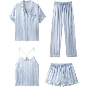 Silk Pajamas for Women Set 4Pcs Ruffled Satin Pajamas Set Button Down Short Sleeve Cami Shorts Sleepwear Pj SetGift