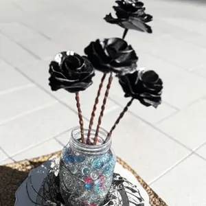 Metal Flowers - Handmade Black Roses in Sparkling Crystallized Rocks Jar - Rustic Charm & Modern Flair Gift Centerpiece