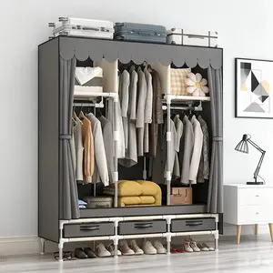 Portable Armoire Wardrobe Closet with 3 Drawers and 3 Hanging Rods,Cloth Closet Wardrobe Cabinet for Hanging Clothes,Grey Cover,for Clothing,Bedding,51 in Width
