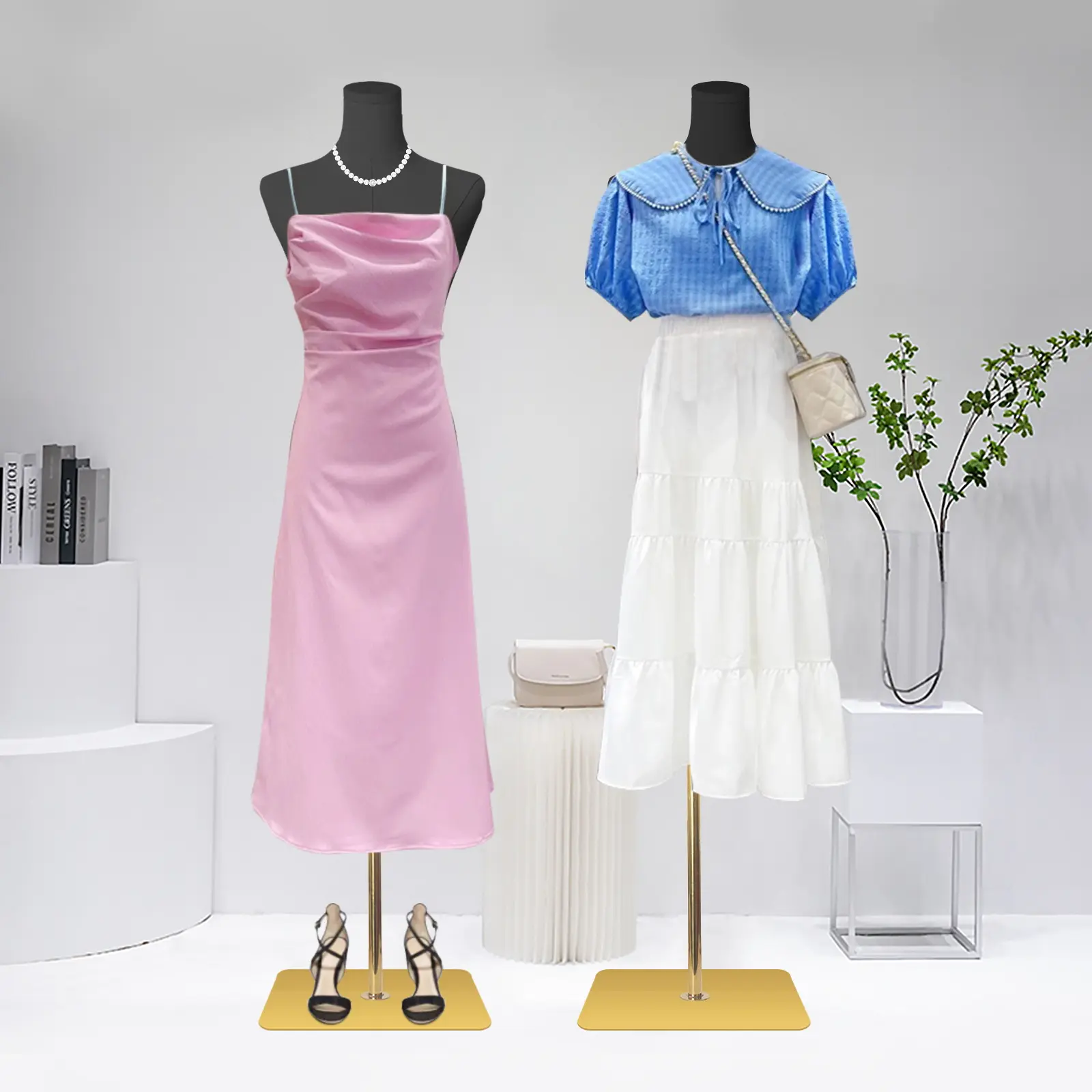 SHAREWIN Female Sewing Dress Form Mannequin Torso, Adjustable 50”-70” Gold Metal Stand, Pinable Linen Body Thin Figure 33” Bust for Fashion Designer Tailor Clothing Making Window Display Cardboard Decor Wedding