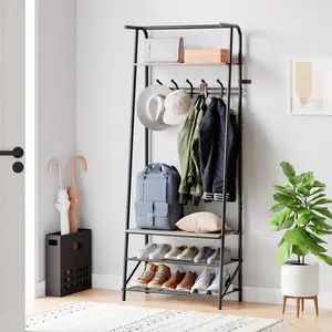 Grey Coat Rack Shoe Bench with 5 Hooks, Hall Trees Entryway Bench with Storage, Multifunctional Hallway Organizer, Wood Look Accent Furniture with Metal Frame for Entryway, Living Room, Bedroom