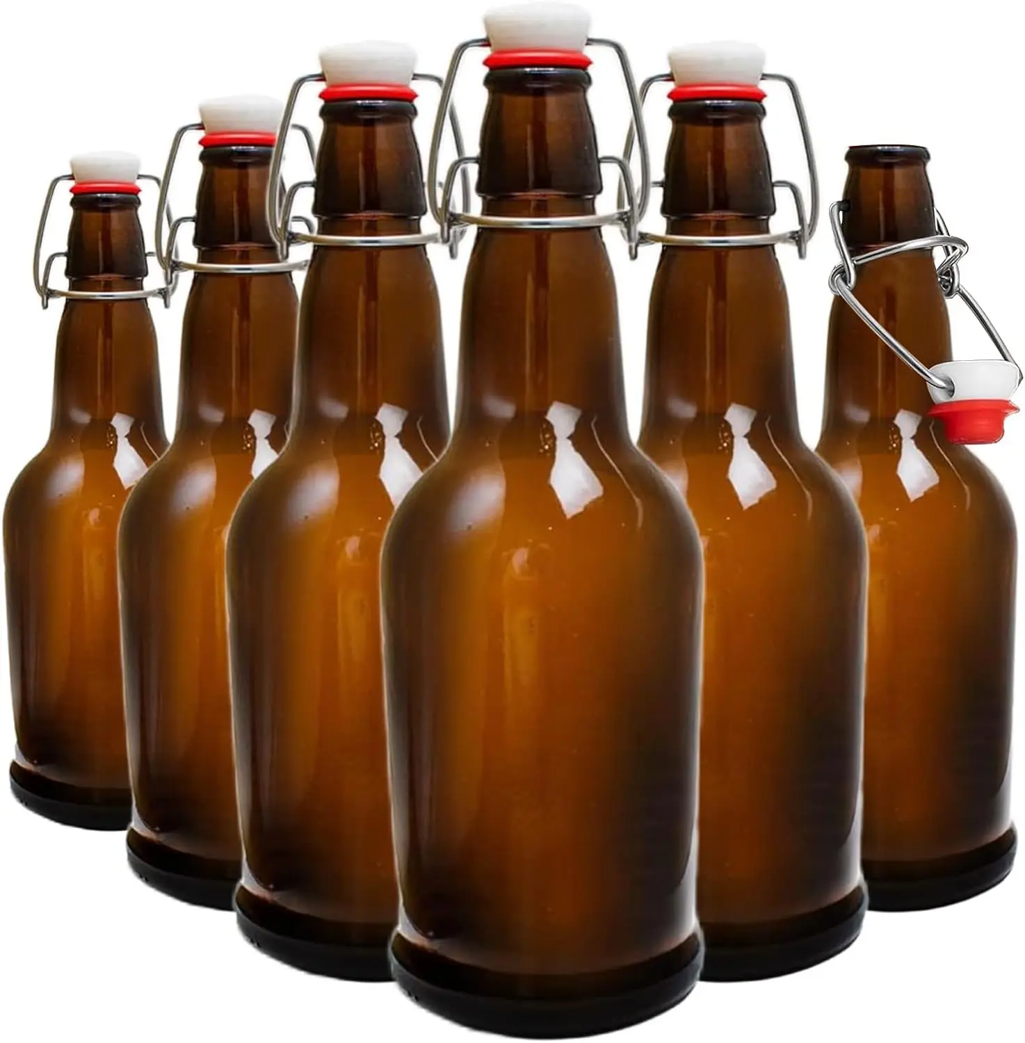 6 Pack 16 Oz Amber Swing Top Glass Bottles with Airtight Lids, for Home Brewing Beer Kombucha Wine Mead Fermentation