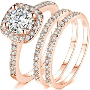 Silver Rose Gold Three-in-One Wedding Engagement Bridal Halo Ring Set
