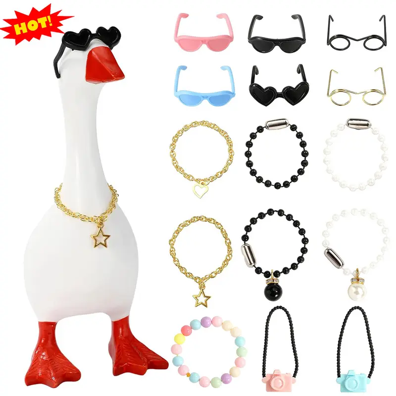 7in Lightweight Colorful Plastic Magnetic Desk Goose Outfits Set (15Pcs, Customizable 15 Looks) - Sunglasses, Camera, Necklaces, Collar, Charms, Pearl Inclusions, Star Ornaments, Photo Prop, Collectible Room Decor, Home Decor Accessory, Anniversary Gift