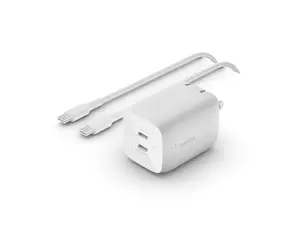 Belkin Dual USB-C GaN Wall Charger with PPS 65W + USB-C to USB-C Cable, White