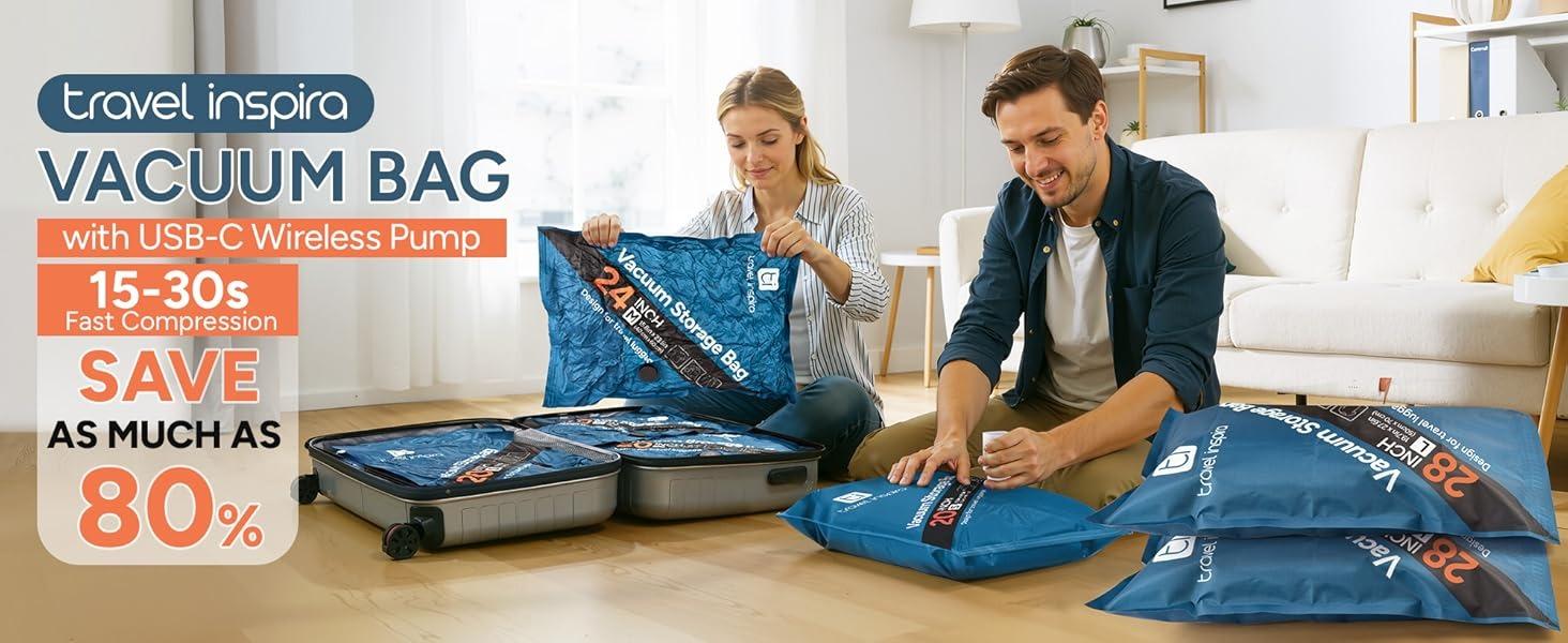 travel inspira 15 Pack Vacuum Storage Bags with Wireless Pump, Travel Essentials Space Saver Bags for Travel, Privacy Protection Oxford Cloth Compression Bags 3 Sizes for 20/24/28" Suitcase