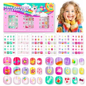 144 Pieces 6 Pack Kids Press on Nails Artificial Fake Nails for Kids Girls Pre Glue Full Cover Short Acrylic False Nail Tips Art Kits Gifts for Girls Nail Art Decoration (Lovely Pattern) Set Plastic Manicure Cutics