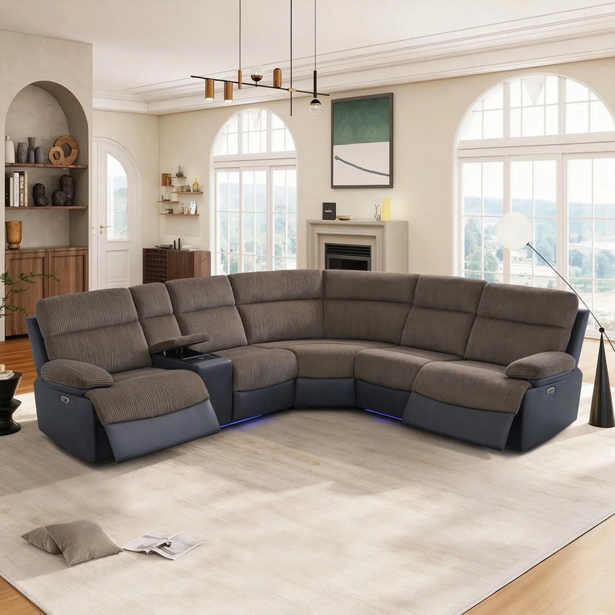 Large 3-Piece Curved L-Shape Modular Boneless Sectional Sofa Set - Contemporary Stripe Brown Corduroy & Black Technical Fabric, LED Base Lights, USB Charging, Flexible Seating, Wabi-Sabi Warm Furniture for Family Lounges & Neutral Earth Tone Spaces