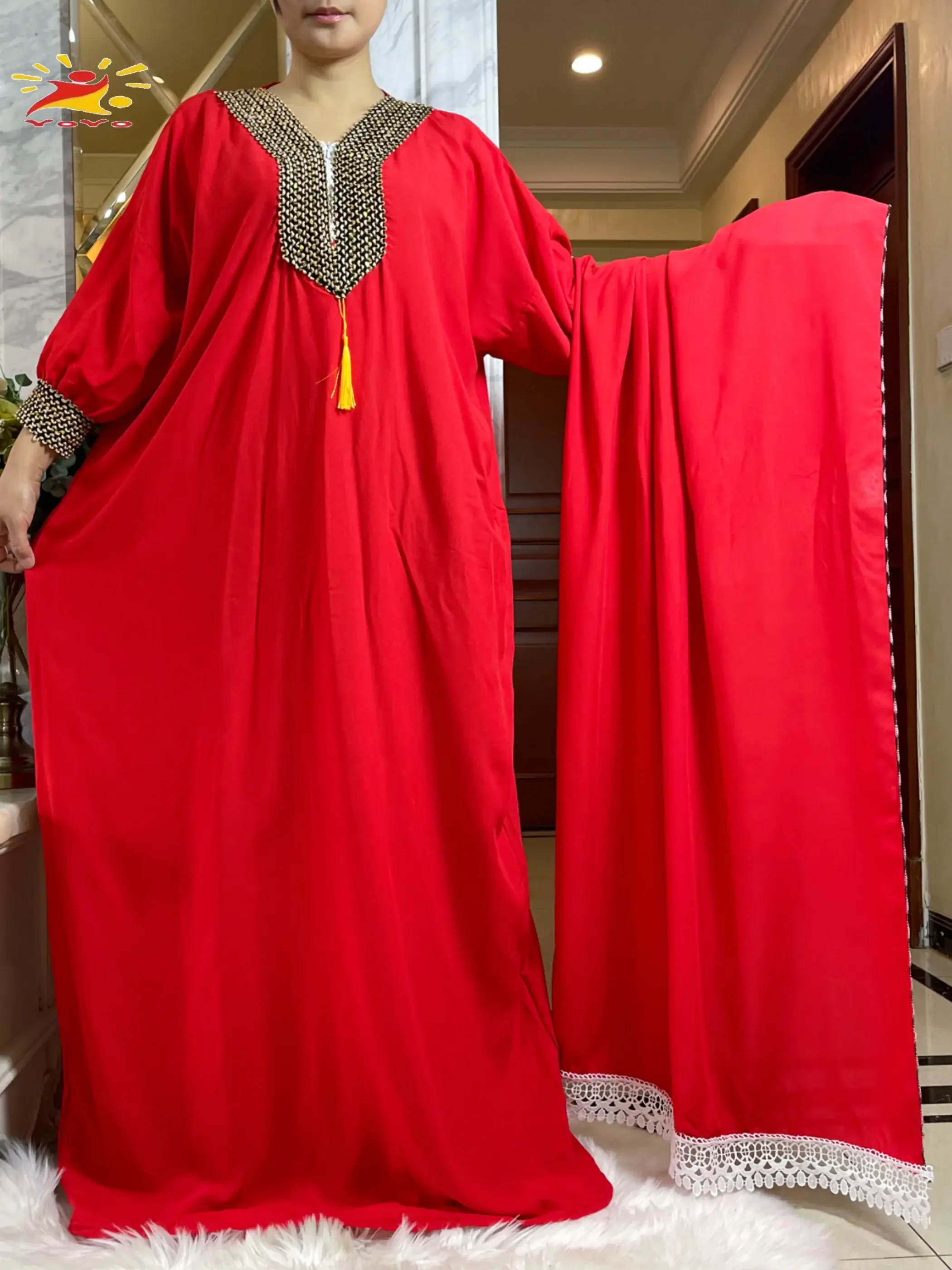 2025 Muslim Women's Long Sleeve Cotton Autumn Dress with Oversized Scarf, Boubou Maxi Style, Elegant African Abaya for Islamic Wear Does not apply