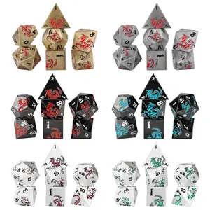 7pcs Flat Dragon Pattern Polyhedral Dice Set, 6 Colors Available, DND Metal Multi-Faced Large Size Game Dice, Role-Playing Accessories with Portable Cloth Bag