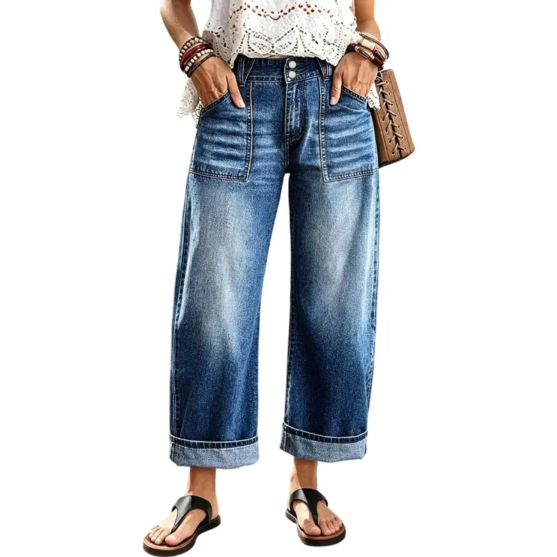 Flamingals Wash Roll Hem Mid Waist Wide Leg Cropped Jeans Stretchy 25.6'' Inseam