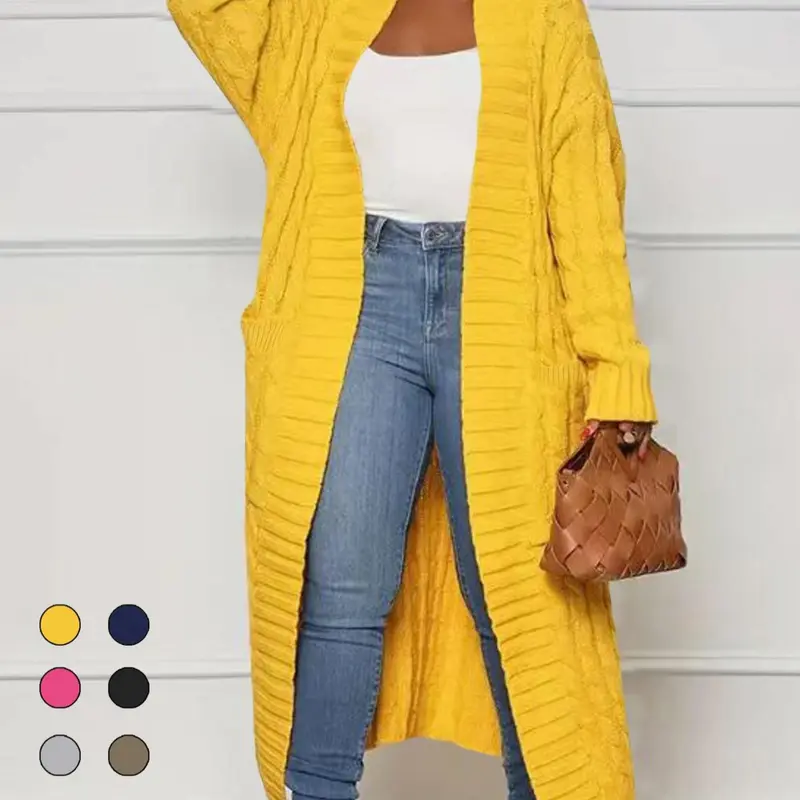 Women's Solid Color Textured Knitting Drop Shoulder Long Sleeve Pocket Longline Cardigan, Casual Open Front Knitwear for Fall & Winter, Women's Knit Clothing for Daily Wear, Everyday Sweaters for Women Womenswear Fit, Knitted Sweater Cardigan