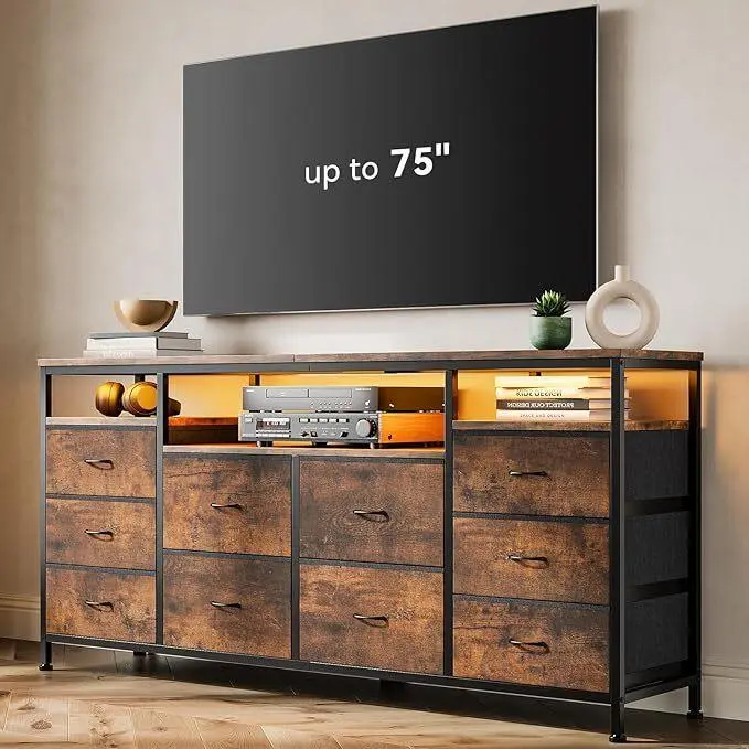 brown dresser tv stand Garvee Wide Dresser TV Stand 63.3 Inch Brown with 10 Fabric Drawers USB Charging LED Lighting for Living Room