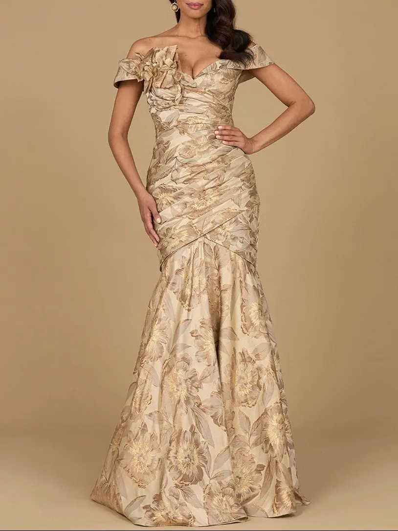 Off Shoulder Brocade Mermaid Gown