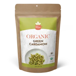 SPICY ORGANIC Jumbo-Size Organic Green Cardamom Pods (8 oz) These aromatic pods are handpicked, sun-dried, and bursting with robust, earthy notes. Perfect for enhancing curries, desserts, teas, and more