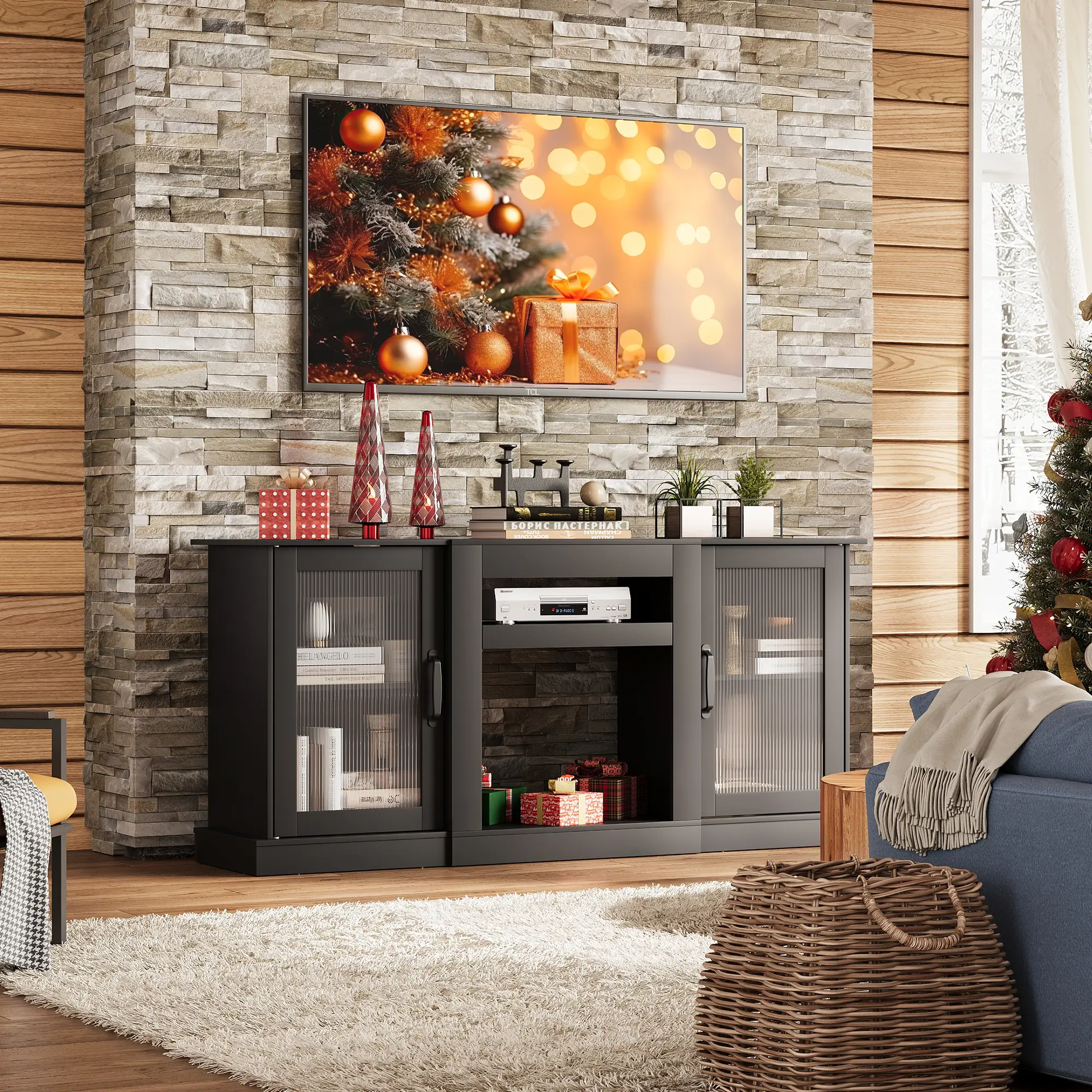 WLIVE Retro TV Stand for 65 inch TV, TV Console Cabinet with Storage, Open Shelves Entertainment Center for Living Room and Bedroom