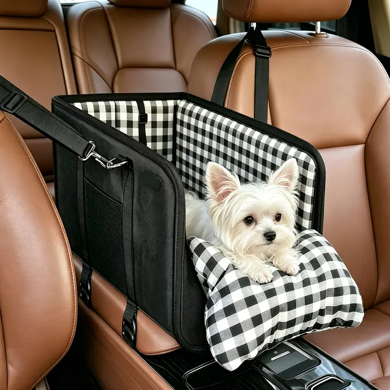 Center Console Dog Car Seat for Small Dogs & Cats Up to 12 lbs, Cozy Armrest Booster Seat with Built-in Safety Tether & Soft Padded Pet Travel Bed