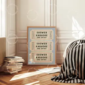 Shower Karaoke Ticket Print Blue Bathroom Retro Cream Aesthetic Shower Singing Funny Wall Art Vintage Trendy Home Decor Physical Print