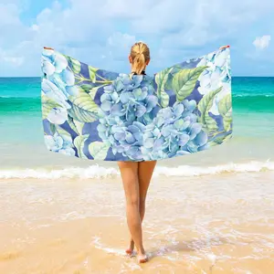 Beach Towel 31"x71" Hydrangea Watercolor Blue Flower Camping Towels Microfiber Beach Towels Sand Free Quick Dry Lightweight Travel Towels for Adults Women Men Girls