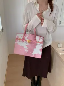 Women's Cowhide Leather Satchel Bag, Large Capacity All-Over Printed Commuter Handbag, Elegant Retro Fashion Crossbody Shoulder Bag