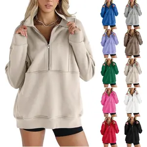 Women's Half Zip Sweatshirts Fleece Stand Collar Long Sleeve Thumb Hole Oversized Pullovers with Pockets