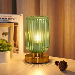 Cordless Table Lamp for Bedroom, 7500mAh Rechargeable Battery Operated Lamp, Modern Touch Dimmable Wireless Lamp Gold Base Green Glass Shade for Living Room, Desk, Led Bulb Included