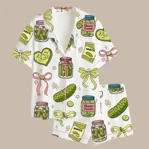 Pickle Print Pajama Set Coquette Foodie Loungewear Gift for Her, Short Sleeve Satin Pajamas, Summer Sleepwear Set, Pajama Sets Women, Comfortable Sleeping Clothes, cute novelty pickle aesthetic pajamas, trendy sleepwear, gift for her