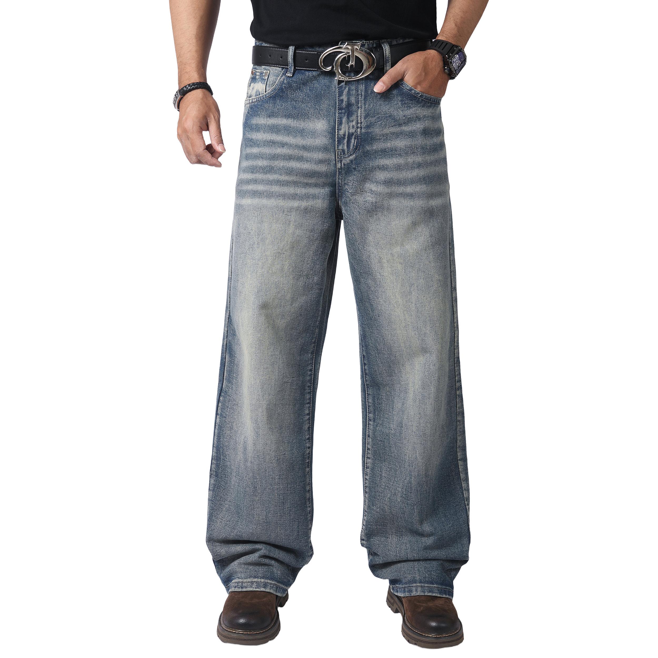 JUNBAOSS Men's Baggy Hip Hop Jeans Y2K Casual Vintage Wide Leg Skater Denim Pants Loose Fit Long Trousers 2000s Streetwear Mens Irregular Sutures Skateboard Steampunk Baggy Jeans Plain Pants Pockets