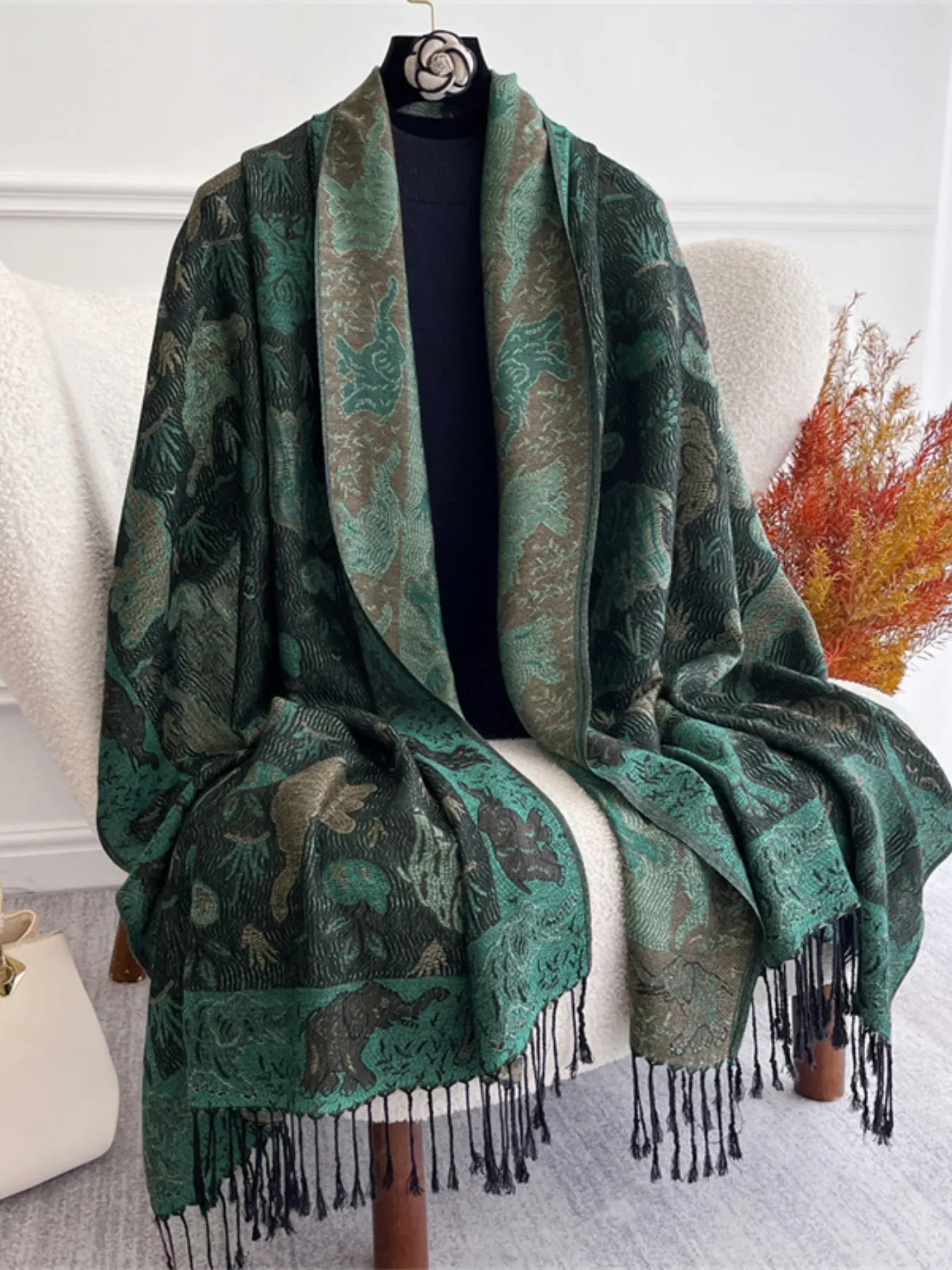 Women's Fashion New Winter Jacquard Scarf Thick Warm Headscarf Outdoor Windproof Shawl, Stylish Knitted Accessory for Cold Weather muslim hijab, Tassel Decor Scarf