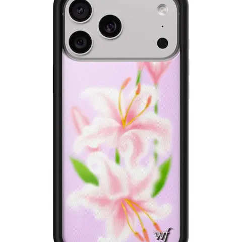 Wildflower Cases Limited Edition Sweet Lily Collab Custom Floral Smartphone Case, Raised Black Protective Bumper, Pink Background with Vibrant Pink-White Lilies & Green Leaves, Women's Owned Small Business Handheld Phone Accessory, Gift for Her