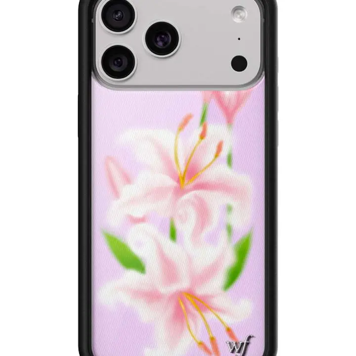 Wildflower Cases Limited Edition Sweet Lily Collab Custom Floral Smartphone Case, Raised Black Protective Bumper, Pink Background with Vibrant Pink-White Lilies & Green Leaves, Women's Owned Small Business Handheld Phone Accessory, Gift for Her