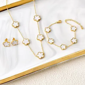 Classic Luxury 4-Piece Stainless Steel Jewelry Set: Bracelet, Necklace, Earrings, and Ring with Five-Leaf Flower Design-Women's Party Jewelry