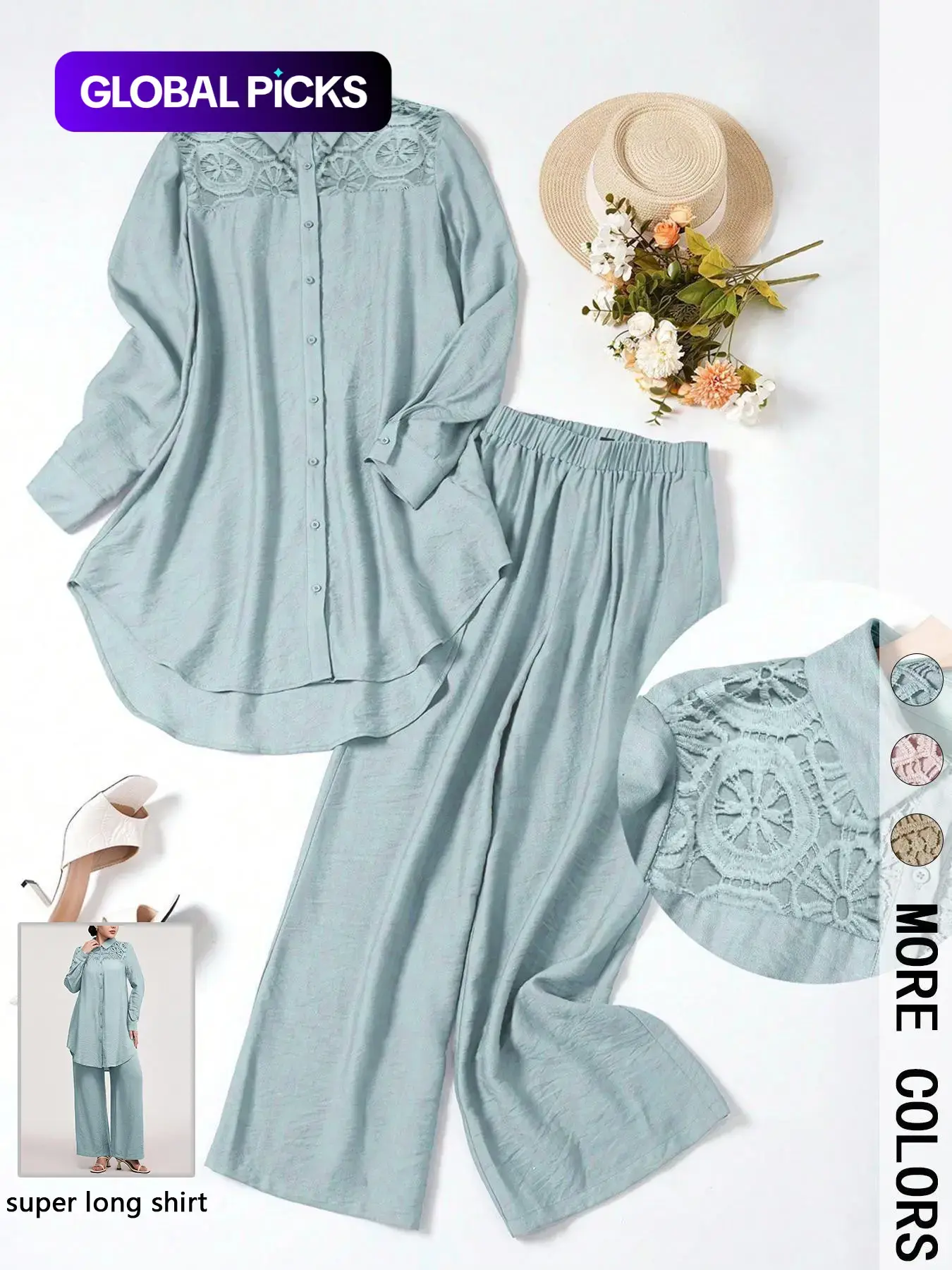 Women's Casual Two-Piece Set, Fashion Style Sets, Hollow-Out Long Sleeve Top and Loose-Fit Pants, Plain Color Comfortable Breathable Woven Fabric Outfit Clothes for Daily Wear, Spring and Fall Fashion, Womenswear