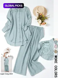 Women's Casual Two-Piece Set, Hollow-Out Top and Loose-Fit Pants, Plain Color Comfortable Breathable Woven Outfit for Daily Wear, Spring and Fall Fashion, Womenswear