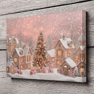 1pcs wood frame canvas painting, pink snow scene Christmas village wall art print, festive wonderland oil painting Christmas tree poster, framed wall art print, home decor, perfect holiday gift for him or her, ready to hang