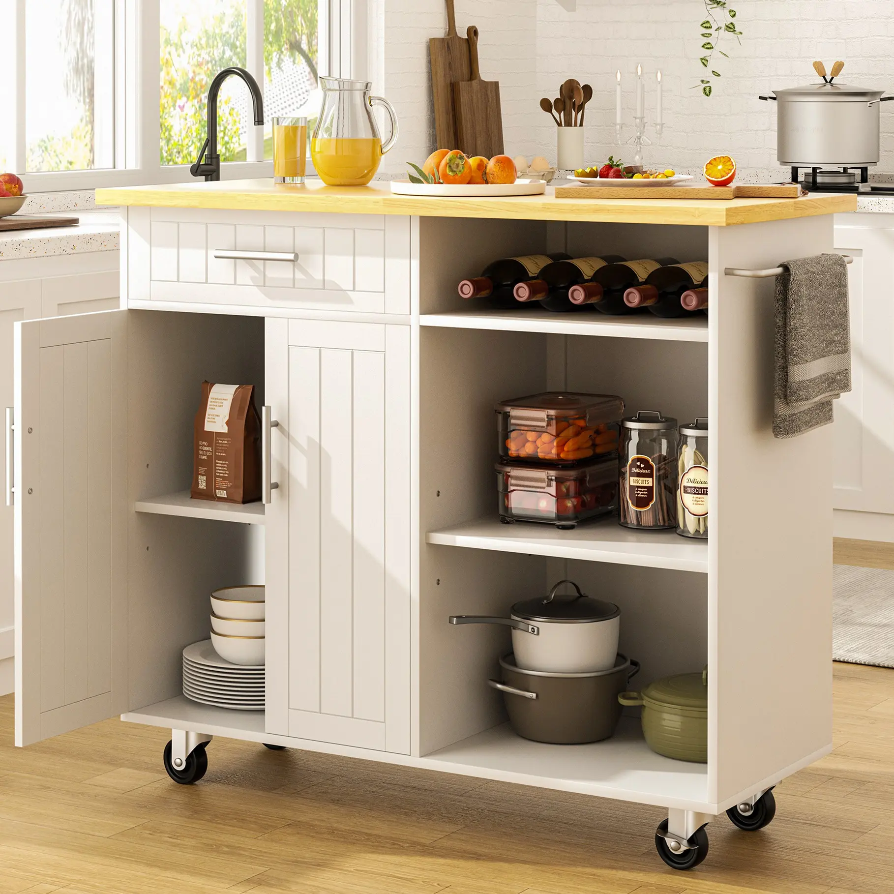 Walsunny 42'' Kitchen Island Cart Storage with Solid Wood Top - Plenty of Storage Space, Adjustable Shelf, Built-In Wheels - Cabinet, Organiser