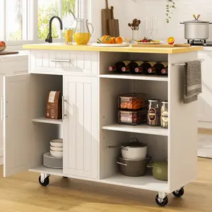 Walsunny 42'' Kitchen Island Cart Storage with Solid Wood Top - Plenty of Storage Space, Adjustable Shelf, Built-In Wheels - Cabinet, Organiser
