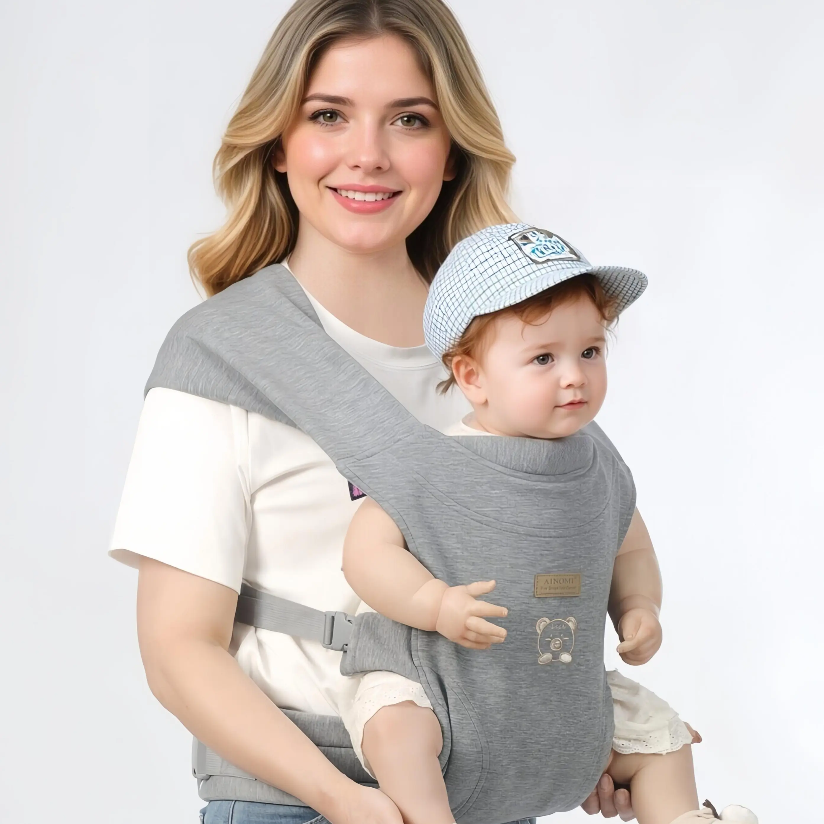 Polyester Knit Unisex Cross-Shoulder Baby Carrier Backpack, Portable 0-36 Months Newborn/Toddler Sling with 2 Carry Positions (Front Inward, Back Carry), Bear Embroidery, Leg Guard Edge, Adjustable Waist Support, Breathable, Button-Closure
