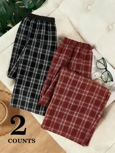 Women's Plaid Wide-Leg Pants Set, Flowy Drape, Vintage Elegance, Preppy, Commuter & Casual Wear, Elastic Comfort Fitted