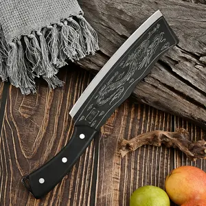 Dragon patterned kitchen knife, handmade wooden handle, kitchen chef knife with leather cover, hand forged sharp cutting knife, outdoor camping multi-purpose chopping knife, bone chopping knife, slaughtering knife Kitchenware